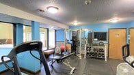 This fitness center offers a comprehensive workout environment designed to accommodate a wide range of exercise routines. The space is finished with vibrant blue accent walls, a textured ceiling, and durable rubber flooring, creating a functional and energizing atmosphere throughout.

The gym is outfitted with a solid selection of equipment, including a treadmill for cardio training and a Hoist multi-function cable machine for strength and resistance exercises. A dedicated free weights area features a full rack of dumbbells in varying sizes, supported by a wall-mounted mirror that allows for proper form monitoring. An adjustable workout bench adds further versatility to the strength training options available.

Additional fitness accessories are present, including a stability ball, a fan for ventilation comfort, and a step platform. Ceiling-mounted flush lights provide consistent, even illumination across the entire space. Large windows along one wall allow natural light to filter into the room, contributing to an open and welcoming feel.

Overall, this fitness center is thoughtfully arranged to maximize usability within its footprint, offering both cardiovascular and strength training capabilities in a clean, well-maintained setting.