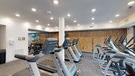 This fitness center in Dallas offers a thoughtfully designed workout space with a clean, contemporary aesthetic. The room is finished with crisp white ceilings lined with recessed lighting, ensuring bright, even illumination throughout the space. A striking textured wood-panel accent wall runs the length of the room, adding warmth and visual interest to the otherwise modern interior.

The cardio section is prominently featured, with a row of Matrix brand treadmills and elliptical machines positioned to provide ample workout space. Full-length mirrors are installed along one wall, enhancing the sense of depth and allowing users to monitor their form during exercise.

A dedicated free-weight area is visible toward the back, equipped with a rack of kettlebells and an assortment of medicine and stability balls in various sizes, mounted for easy access. The flooring is a durable, light-toned fitness-grade carpet or mat surface, practical for both cardio and strength training activities.

The layout is open and well-organized, providing a comfortable, functional environment suited for a range of workout routines. The overall ambiance is modern and professional, reflecting a facility designed with both aesthetics and performance in mind.