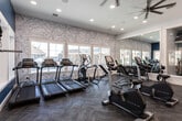 Located in Herriman, Utah, this single-floor community amenity space offers a thoughtfully designed fitness and recreation experience. The exercise room is the centerpiece, featuring bold blue accent walls, a decorative marble-patterned wallcovering, and large windows that flood the space with natural light and views of the surrounding neighborhood. Ceiling fans and recessed lighting ensure comfort throughout workouts. The room is outfitted with a comprehensive selection of cardio machines — including treadmills, stationary bikes, and ellipticals — as well as strength equipment, medicine balls, a stability ball, and a weight bench. Full-length mirrors along one wall enhance the sense of space. A water fountain is conveniently accessible nearby. The living room area is a standout feature, designed as an imaginative indoor playhouse for children. It showcases a charming two-story facade clad in blue siding with white-trimmed windows, supported by stone-accented archways that create inviting nooks furnished with bean bag seating and toys. A green slide adds an element of active play. The herringbone-patterned luxury vinyl flooring runs throughout, tying both spaces together with a cohesive, modern aesthetic. A connecting hallway provides seamless flow between the fitness and play areas.