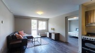 This single-floor space features a well-appointed living area finished with dark hardwood flooring and neutral grey walls that create a clean, understated aesthetic throughout. The main living space is open and functional, accommodating a seating area centered around a minimalist coffee table atop a patterned area rug. Two windows allow natural light to fill the room while offering views of surrounding greenery, contributing to a calm and pleasant ambiance. A wall-mounted HVAC unit sits beneath the windows, providing climate control. A dark wood storage unit with contrasting white drawers serves as a media or storage console along one wall, adding both style and practicality. A doorway visible from the living area leads to a separate bedroom, partially visible and finished with consistent flooring. The space has a straightforward, modern design with flush ceiling lighting. Overall, the layout is compact yet efficiently organized, offering a comfortable and cohesive living environment suited for everyday use.