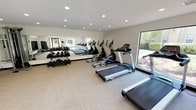 This community amenity space is set within a Spanish-style residential complex characterized by stucco exteriors, red-tile rooflines, and mature landscaping including towering palm trees and weeping willows. The grounds are meticulously maintained, with manicured lawns, trimmed hedges, and winding walkways connecting the various facilities.

The fitness center is the centerpiece of this space and is thoughtfully divided into functional zones. A dedicated cardio area houses multiple treadmills and elliptical machines, positioned alongside large windows that frame views of the surrounding greenery, allowing natural light to fill the room. Floor-to-ceiling mirrors line the walls, enhancing the sense of openness. A strength training area features a comprehensive dumbbell rack with a full range of free weights, a cable machine, TRX suspension straps, wall-mounted bars, exercise mats, and a stability ball, offering a complete full-body workout experience. Recessed lighting and neutral-toned flooring throughout give the fitness center a clean, modern aesthetic.

Outside, a generously sized swimming pool with crystal-clear water is surrounded by a spacious deck lined with lounge chairs and shaded seating, providing a relaxing outdoor retreat. The overall ambiance of the community is serene and resort-like, blending active amenities with lush natural surroundings.
