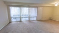 This single-floor space centers around a spacious living area finished with wall-to-wall neutral carpeting that lends a clean, understated aesthetic throughout. The most prominent feature of the room is a wide expanse of floor-to-ceiling sliding glass doors spanning nearly the full width of one wall, allowing an abundance of natural light to fill the interior. White vertical blinds provide flexible privacy and light control while maintaining a bright, airy atmosphere. The glass doors open to an exterior balcony, offering views of the surrounding outdoor environment and adding a sense of openness to the living space. The walls are finished in a soft, neutral tone that complements the light carpeting and contributes to the overall clean and functional character of the unit. A standard interior door is positioned adjacent to the sliding glass doors, providing access to an adjoining area. The space is practical and well-lit, with a simple layout that offers flexibility for a variety of furnishing arrangements. The combination of ample natural light, outdoor access, and neutral finishes creates a comfortable and versatile living environment.