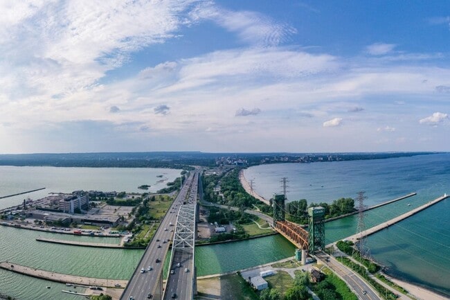 Aerial view of the Burlington Canal Lift Bridge connecting Hamilton Harbour to Lake Ontario.