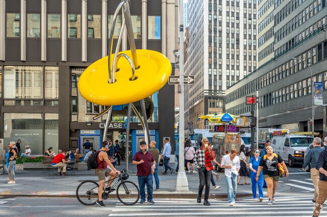 You'll know you're in the Garment District by spotting the Needle & Thread statue.