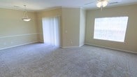 This single-story space presents a generously sized living area finished with wall-to-wall carpet in a neutral beige tone, creating a warm and inviting atmosphere. The room is accented by crown molding along the ceiling perimeter, adding a classic architectural detail that elevates the overall aesthetic. Painted in soft, neutral beige tones throughout, the walls provide a versatile backdrop suitable for a variety of décor styles. A ceiling fan is centrally mounted, offering both functionality and a subtle design element. Natural light enters the space through a large window on one wall and a set of sliding glass doors framed by sheer white curtains, which brighten the interior while offering a view to the outdoors. The layout of the room appears open and flexible, accommodating a range of furniture arrangements. White baseboards run along the base of each wall, providing a clean contrast to the carpeted floor. Overall, the space conveys a comfortable, move-in-ready character with practical features and timeless finishes throughout.
