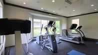 This fitness center offers a bright, well-appointed space designed to support a range of cardio-focused workouts. The room is outfitted with modern exercise equipment, including elliptical trainers, treadmills, and additional cardio machines, all positioned to maximize the use of available floor space. Dark tile flooring anchors the room while providing a durable, easy-to-maintain surface. The walls are painted in a neutral tone, contributing to a clean and focused atmosphere. Recessed lighting installed throughout the ceiling ensures consistent, even illumination across the entire space. Large windows along multiple walls invite abundant natural light and offer pleasant views of the surrounding greenery, creating an open and energizing environment. Dark crown molding adds a subtle architectural detail that frames the room with a polished finish. The overall ambiance is practical yet inviting, balancing functionality with a well-maintained aesthetic that encourages regular use.