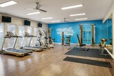 This fitness center offers a thoughtfully organized workout space designed to support a wide range of exercise routines. The room features light hardwood flooring throughout, white walls, and a bold blue accent wall adorned with an inspirational fitness-themed word mural, creating an energizing atmosphere. Recessed panel lighting and a ceiling fan ensure the space remains well-lit and comfortable during workouts.

The cardio zone is equipped with multiple treadmills, an elliptical machine, and a stationary bike with an interactive display screen, providing ample options for aerobic training. A cable machine and weight bench anchor the strength training area, complemented by a dumbbell rack and additional free weights. Floor mats are positioned throughout for stretching and functional training. A mirrored wall on one side enhances the sense of space and allows for form-checking during exercises.

Along one wall, an open storage unit provides organized space for equipment accessories and storage bins. A wall-mounted TV and a dedicated fitness rules board add functional touches. Natural light flows in through windows along one side, while an adjoining room — accessible through a glass-paneled door — appears to offer additional amenities. The overall layout is open and spacious, providing room to move freely between stations.