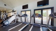 Located at 1717 Canvasback Lane in Columbus, Ohio, this single-floor fitness center is designed to support an active lifestyle with a well-equipped, functional layout. The space is anchored by multiple treadmills and additional cardio machines positioned to take full advantage of the natural light streaming in through large sliding glass windows and doors. These generous windows not only brighten the interior but also offer views of the surrounding outdoor area, including a covered patio and lush greenery, creating an inviting atmosphere for exercise. Wall-mounted flat-screen televisions are positioned above the equipment, allowing users to stay entertained during their workouts. The flooring features durable rubber matting suited for high-traffic fitness use, while the clean white walls and high ceilings contribute to an open, airy feel. The overall design strikes a balance between practicality and comfort, ensuring that users have access to the essentials needed for a productive workout session. Additional rooms within the space appear to be supplementary areas that complement the main fitness area. The facility's layout and amenities make it a convenient and well-appointed destination for residents seeking a dedicated space for their fitness routines.