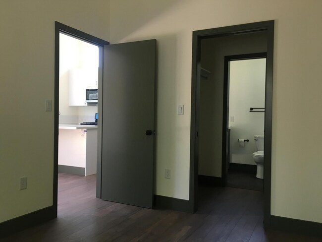 View from quiet bedroom into walk-in closet and the living area. - 221 Wapello St