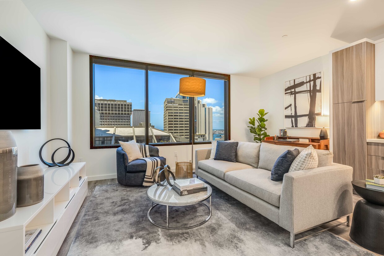 Hermosas vistas del centro de la ciudad de Honolulu desde tu sala de estar - The Residences at Bishop Place