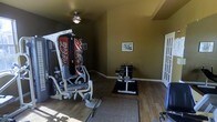 This single-floor home gym is a well-equipped exercise space designed for convenient, private fitness use. The room features hardwood flooring throughout, providing a durable and easy-to-clean surface suited for physical activity. Area rugs and floor mats are strategically placed beneath the equipment for added stability and protection.

The centerpiece of the room is a large, multi-station cable and resistance machine, capable of supporting a wide range of strength-training exercises. Complementing it is a dedicated free weight rack holding dumbbells and a workout bench, offering versatility for various training routines. A notable and unique feature is a full-size Coca-Cola vending machine positioned along the wall, adding a distinctive character to the space.

The walls are painted in an earthy olive-green tone, creating a grounded, functional atmosphere. A ceiling fan with a light fixture provides both ventilation and ambient lighting, supporting comfort during workouts. Framed artwork on the walls adds a touch of personality. A glass-paneled door on one side connects the gym to the rest of the home, contributing to an open and accessible feel.