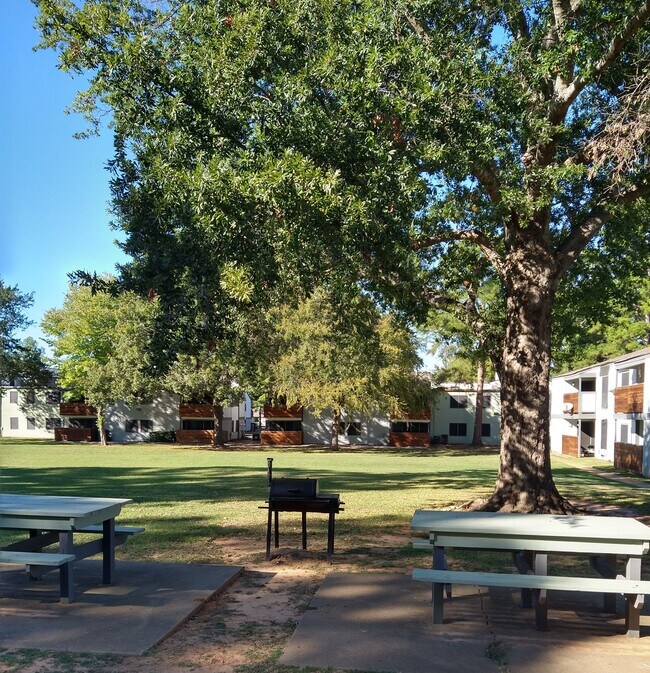 Área de recreación al aire libre con parrilla y mesas de picnic - City West
