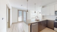 Located at 2818 Cullman Ave in Charlotte, NC, this contemporary single-floor residence offers a thoughtfully designed open-concept layout that seamlessly connects the kitchen, dining, and living areas. The kitchen is a standout feature, showcasing granite countertops on both the island and perimeter surfaces, two-tone cabinetry with crisp white upper cabinets and warm dark lower cabinets, a classic white subway tile backsplash, and a full suite of stainless steel appliances including a refrigerator, electric range, microwave, and dishwasher. Stylish industrial-inspired pendant lights hang above the kitchen island, adding a modern touch. Light hardwood-style flooring flows throughout the main living areas, complemented by abundant natural light through multiple windows fitted with horizontal blinds. The living space opens to a private exterior access point, enhancing the sense of openness. The bedrooms feature plush carpeting and ceiling fans, with large windows that invite natural light. The bathrooms are finished with matching granite-topped dark wood vanities, large mirrors, and a tub-shower combination, maintaining a consistent and polished aesthetic throughout. A smart thermostat and ample storage further add to the functional, modern appeal of this well-appointed Charlotte residence.