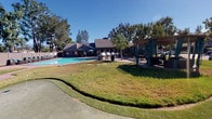 This expansive outdoor amenity space is designed for relaxation and socializing, centered around a generously sized swimming pool that serves as the focal point of the area. The pool is complemented by a dedicated outdoor kitchen and BBQ station, offering multiple grills ideal for gatherings and entertaining.

A standout feature of the space is the large pergola-covered patio, which provides shaded seating and lounge areas beneath a slatted wood overhead structure. Vibrant teal drape curtains hang from the pergola's columns, adding a resort-like aesthetic while offering flexible privacy. The covered area is furnished with wicker lounge sofas and chairs dressed in bold blue-and-white striped cushions, as well as additional dining tables and chairs, accommodating a variety of social settings.

The surrounding grounds feature well-maintained green lawns that extend throughout the property, interspersed with mature trees, including palm trees, that contribute to the lush, sun-drenched ambiance. A putting green is also visible on the grounds, adding a recreational dimension to the outdoor space.

The open layout benefits from abundant natural sunlight under clear blue skies, creating a bright and inviting atmosphere. Views of the surrounding landscape, including the neighboring tree line and open sky, enhance the sense of openness throughout this thoughtfully designed outdoor retreat.