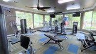 This fitness center offers a comprehensive workout environment designed to accommodate a variety of exercise routines. The space is lined with large windows on multiple walls, flooding the interior with natural light and providing views of the surrounding greenery, creating an open and inviting atmosphere. Ceiling fans are mounted overhead, enhancing air circulation throughout the room and contributing to a comfortable workout environment.

The cardio section is well-stocked with multiple treadmills, an elliptical trainer, and a stationary bike, all positioned to take advantage of the natural light and outdoor views. Strength training options include a multi-station cable machine and a variety of free weights and benches, including an adjustable weight bench centrally located in the room. Stability balls are also available for functional training exercises.

The flooring features a patterned carpet with blue and grey tones, providing a cushioned surface underfoot. Wall-mounted televisions are positioned throughout the space to keep users entertained during workouts. Overall, the fitness center delivers a bright, functional, and fully equipped setting suitable for a broad range of fitness activities.