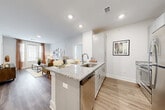 Located at 1133 Bexley Square in Chattanooga, Tennessee, this single-story residence showcases a contemporary design with clean lines, neutral tones, and wood-style flooring that flows consistently throughout the space. The open-concept kitchen is a functional centerpiece, featuring gray shaker cabinetry, granite countertops, stainless steel appliances—including a refrigerator, range, microwave, and dishwasher—and a large island with bar seating that bridges the kitchen and living areas. Recessed lighting illuminates the kitchen, while the adjacent living room benefits from natural light provided by a set of French doors fitted with plantation shutters and decorative drapery. The bedroom is a comfortable retreat with direct access to an en-suite bathroom, which includes a granite-topped vanity, a walk-in glass shower, and wood-style flooring. A generously sized walk-in closet with wire shelving offers practical storage. A secondary bathroom provides a granite vanity and a full soaking tub with shower. Throughout, the consistent use of gray cabinetry, granite surfaces, and soft neutral wall tones creates a cohesive and modern aesthetic suited for everyday living.