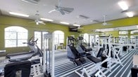 This fitness center offers a comprehensive workout environment designed to accommodate a wide range of exercise routines. The space is finished with bold chartreuse green walls that create an energetic atmosphere, complemented by a striped black-and-white floor that adds a dynamic visual element throughout the room.

The facility is generously stocked with equipment, including treadmills, stair climbers, and an array of strength training machines, providing options for both cardiovascular and resistance-based workouts. Large arched and rectangular windows line the walls, allowing abundant natural light to fill the space and offering views of the surrounding exterior.

Full-length mirrors are mounted along one wall, enhancing the sense of openness and allowing users to monitor their form during exercise. Multiple ceiling fans are installed overhead, promoting air circulation and maintaining a comfortable environment during intense workouts. Overhead fluorescent lighting supplements the natural light, ensuring the space remains well-lit at all times.

A wall-mounted television is positioned for visibility across the floor, adding an entertainment option for those using cardio equipment. Overall, the space is thoughtfully arranged to maximize usability and flow.