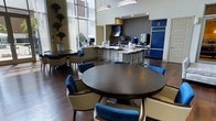 This single-floor communal space combines a fully equipped kitchen with a stylish social lounge, creating a versatile and welcoming environment. The open-concept layout is anchored by soaring ceilings and floor-to-ceiling windows that flood the interior with natural light, offering views of the surrounding greenery.

The kitchen area is thoughtfully designed with dark cabinetry accented by bold navy-blue upper cabinets, stainless steel appliances, and a central island with bar-height seating — ideal for casual dining or conversation. A range hood and built-in appliances, including a coffee station and refrigerator, make the kitchen both functional and visually striking.

The lounge area features rich dark hardwood flooring and multiple seating arrangements centered around round tables. Chairs are upholstered in a refined cream-and-blue combination, echoing the navy accent tones found throughout the space. Lush potted tropical plants add a natural, organic contrast to the modern furnishings.

Pendant lighting and recessed fixtures provide layered illumination, enhancing the sophisticated ambiance. The cohesive blue-and-neutral color scheme, combined with generous proportions and high-end finishes, gives the space a polished, contemporary character well-suited for both relaxed gatherings and productive social interactions.