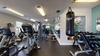 Located at 50 Kendra Way in Palm Harbor, Florida, this fitness center is a comprehensive, single-floor exercise facility designed to support a wide range of workout routines. The space is outfitted with a robust selection of Matrix-brand cardio equipment, including ellipticals, stationary bikes, and treadmills, providing ample options for aerobic training. Strength training is equally well-represented, with a multi-station cable machine, a leg press, and an assortment of free weights and benches. A suspended Everlast heavy punching bag adds a dedicated boxing and MMA training element to the facility. Large wall-to-wall mirrors line key sections of the space, enhancing the sense of openness and allowing users to monitor their form. Natural light filters in through multiple windows fitted with blinds, complemented by overhead fluorescent lighting that keeps the facility bright throughout the day. The durable rubber flooring throughout provides safety and comfort underfoot. Teal accent walls lend a vibrant, energetic atmosphere to the space. Ceiling fans and portable fans contribute to ventilation and comfort during workouts. A posted fitness center rules board and workout reference charts reflect an organized, user-focused environment. Glass panel dividers offer visual connectivity between workout zones while maintaining defined areas within the facility.