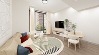 This 470 square foot studio apartment offers a thoughtfully designed living space that maximizes functionality in a compact footprint. The open-concept layout seamlessly integrates living, sleeping, and dining areas. The living room boasts a large window providing ample natural light and city views, complemented by a sleek entertainment unit and comfortable seating arranged around a striking geometric area rug.

The bedroom area, while not fully enclosed, is well-defined and features a queen-sized bed with a neutral upholstered headboard. Artistic touches, such as a large green-toned painting, add character to the space. The room is equipped with bedside tables and ambient lighting for a cozy atmosphere.

The bathroom, though compact, is designed with modern aesthetics in mind. It features clean white tiles, a combination bathtub and shower, and a space-saving curtain for privacy. A wall-mounted towel rack adds functionality without compromising floor space.

Throughout the apartment, the color palette is predominantly white and neutral, creating a sense of openness and light. Wood-look flooring adds warmth to the space. Built-in storage solutions and minimalist furniture choices contribute to the apartment's efficient use of space, making it an ideal urban dwelling for those seeking a contemporary lifestyle in a prime city location.