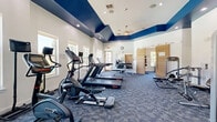 Located at 9701 Pearl St in Thornton, Colorado, this fitness center is a thoughtfully designed two-room exercise facility spread across a single floor. The space combines functionality with a modern aesthetic, featuring a bold color scheme of deep blue and white that carries throughout both rooms.

The main exercise room is the centerpiece of the facility, boasting elevated ceilings with a striking blue tray ceiling detail and recessed lighting that creates a bright, energizing atmosphere. This room is comprehensively outfitted with multiple treadmills, ellipticals, and a rowing machine, as well as a full cable weight machine, adjustable benches, and a dumbbell rack. A wall-mounted television and ceiling fan add to the comfort of the space. Large windows along the perimeter flood the room with natural light and offer views of the surrounding outdoor pool area and community grounds.

The secondary room functions as a flexible studio space, ideal for stretching, yoga, or group exercise. It features a wall-mounted TV, a medicine ball rack, stability balls, and a freestanding mat rack. A bold blue accent wall with a warm wood-panel sliding barn door connects the two rooms seamlessly. Patterned blue carpet tiles cover the floors throughout, and abundant windows ensure a bright, welcoming environment for all types of workouts.