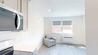 Located at 804 Main St in Willimantic, Connecticut, this efficiently designed studio unit offers a thoughtfully arranged single-floor layout that maximizes every square foot. The open-concept living and kitchen area is anchored by a galley-style kitchen outfitted with gray shaker cabinetry, stainless steel appliances including an electric range and over-the-range microwave, a single-basin stainless steel sink, and clean white countertops. The cabinetry extends both above and below the counter, providing ample storage. Light wood-look flooring runs continuously throughout the living area and kitchen, lending a bright, cohesive feel to the space. Recessed lighting and a window at the far end of the living area allow natural light to filter in, enhancing the open ambiance. The sleeping area is a clean, minimalist space with the same light flooring, crisp white walls, and a closet with a paneled door. The full bathroom features large-format neutral tile flooring, a walk-in shower with a grab bar for accessibility, a toilet, and a vanity with gray cabinetry matching the kitchen. The overall aesthetic is modern and move-in ready, with a neutral palette that offers versatility for personalization.