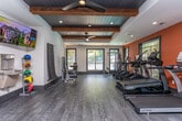 Located at 1570 Sheridan Rd NE in Atlanta, GA, this fitness center is a thoughtfully designed, single-floor facility that combines functionality with an inviting aesthetic. The space features distinctive exposed dark wood ceiling beams, a coffered ceiling detail with a ceiling fan, and recessed lighting throughout, creating a warm yet energizing atmosphere.

The flooring consists of durable wood-look planks laid throughout the entire facility, providing a clean and polished look. Large, dark-framed windows line the walls, flooding the interior with natural light and offering views of the surrounding greenery — a refreshing backdrop for any workout.

The cardio zone is anchored by a row of True-brand treadmills and elliptical machines positioned along the warm terracotta-accented wall, while a dedicated strength training area features a cable machine, adjustable weight benches, and a full dumbbell rack ranging across multiple weights. A floor-to-ceiling mirror along one wall visually expands the space and supports form-checking during workouts.

A wall-mounted television is positioned for visibility across the strength training area, adding convenience for users. The facility also includes a dedicated stretching area with a exercise mat and direct exterior door access, providing ease of entry and exit. The overall design balances a modern, polished finish with a practical, well-stocked training environment.