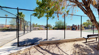 This outdoor recreational area offers a well-rounded set of amenities designed for active use across multiple age groups. The space is situated in a desert-climate environment, as evidenced by the surrounding palm trees, native shrubs, and arid landscaping that frame the area throughout.

A full basketball court serves as a central feature, finished in a green and red surface with clearly marked court lines and a regulation backboard and hoop. The court is enclosed by a black chain-link fence and is flanked by palm trees that provide a degree of natural shade along the perimeter.

Adjacent to the basketball court is a secondary fenced court area, likely intended for tennis or multi-use activities, featuring a smooth paved surface and additional chain-link fencing enclosure. A large shade tree stands within the fenced boundary, adding natural coverage.

The playground area is a standout element of the space, featuring a multi-level structure with staircases, a sculpted character-themed centerpiece, multiple slides including a spiral slide, climbing bars, and interactive play panels. The playground sits atop a rubberized red safety surface, and painted hopscotch and game markings on the adjacent pavement add further interactive elements for children.