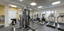 This fitness center offers a thorough and well-organized workout facility spread across a single floor. The space is divided into distinct functional zones, allowing users to seamlessly transition between strength training and cardiovascular exercise. The strength training area features a multi-station cable machine, a chest press machine, a weight bench, and a full dumbbell rack, all reflected in large floor-to-ceiling mirrors that enhance the sense of openness. A separate cardio zone is lined with upright bikes, recumbent bikes, elliptical trainers, and treadmills positioned near windows that allow natural light to filter in and provide views of the outdoors. The flooring throughout is durable rubber gym matting with a speckled finish, well-suited for high-traffic use. Overhead, flush-mounted panel lighting ensures the entire space is evenly and brightly illuminated. White walls with warm beige accents create a clean, neutral aesthetic, while structural columns are neatly integrated into the layout. A water fountain station is conveniently located within the space, and a wall-mounted television adds an entertainment option for users. The glass-paneled entry door contributes to the facility's open and welcoming feel.