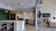 This two-story space showcases a thoughtfully designed open-concept layout that connects the kitchen and living areas with a sense of spacious continuity. The kitchen is a standout feature, highlighted by light wood cabinetry, a white quartz waterfall island with bar seating, and a striking mosaic tile backsplash that extends the full length of the wall, adding texture and visual interest. Stainless steel appliances, including a professional-grade range with a wall-mounted hood and a dishwasher, complement the modern aesthetic, while a black refrigerator adds a bold contrast. Geometric pendant lights with exposed Edison bulbs hang above the kitchen area, providing both functional illumination and a decorative focal point. Light wood-look flooring runs throughout, unifying the open space and enhancing the airy feel. A structural column with clean lines helps define zones within the open plan. Adjacent to the kitchen, the living area features a wall-mounted television and a lush fiddle-leaf fig tree that introduces a natural, organic element. The two-story design adds vertical dimension to the overall ambiance of the space.