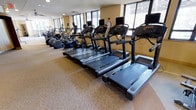 This fitness center offers a comprehensive cardio-focused workout environment housed within a single-level layout. The room features a generous open floor plan with carpeted flooring, providing a comfortable surface underfoot throughout the space. Natural light filters in through a series of windows fitted with horizontal blinds along the perimeter walls, creating a bright and energizing atmosphere conducive to exercise.

The facility is outfitted with a lineup of modern Life Fitness treadmills, each equipped with individual digital display consoles, arranged in a neat row that extends the length of the room. Complementing the treadmills is a selection of elliptical cross-trainers positioned toward the rear of the space, offering users a variety of low-impact cardio options. The equipment is arranged to allow comfortable spacing between machines, promoting ease of movement and user comfort.

The walls feature a warm neutral tone, and the ceiling is fitted with recessed lighting alongside ventilation units to maintain a comfortable indoor climate. The overall ambiance is clean, functional, and well-maintained, making it a practical and inviting space for daily fitness routines.