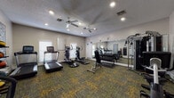 This fitness center is a thoughtfully designed, single-level space offering a comprehensive range of exercise equipment to support varied workout routines. The room is finished with neutral gray walls, a textured ceiling, and a multi-toned patterned carpet in shades of green, gold, and gray that adds visual interest underfoot.

Cardio equipment lines one wall, including multiple treadmills and elliptical machines, each outfitted with digital displays. Natural light filters in through several windows dressed with white horizontal blinds, creating a bright and energizing atmosphere. Two ceiling fans are mounted overhead, supplementing the recessed lighting to maintain comfortable airflow throughout the space.

A full-length wall mirror spans a significant portion of one side of the room, visually expanding the space and allowing users to monitor their form during workouts. Adjacent to the mirror is a well-stocked dumbbell rack offering a range of free weights, alongside a multi-station cable machine for strength training. A weight bench and ab machine provide additional options for resistance work, while a rack of medicine balls mounted near the entrance supports functional fitness training.

The space is further complemented by wall-mounted artwork and a glimpse into an adjacent area visible through a window, adding a polished, facility-quality feel to the overall environment.