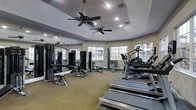 This fitness center offers a thoughtfully designed single-floor workout space that balances functionality with a welcoming atmosphere. The room features an angled, tray-style ceiling equipped with multiple ceiling fans, ensuring comfortable airflow throughout even the most intense workout sessions. Recessed lighting supplements the abundant natural light that streams in through a series of large, multi-pane windows lining the walls, providing views of the surrounding landscape and creating an open, airy environment. The space is outfitted with a comprehensive selection of Life Fitness and other brand-name equipment, including treadmills, an elliptical machine, and a variety of cable and selectorized strength training machines suited for both upper and lower body workouts. Full-length mirrors along one wall visually expand the room and allow users to monitor their form during exercise. The neutral-toned carpeted flooring provides a soft underfoot surface throughout the space. The overall layout is spacious and well-organized, allowing users to move freely between cardio and strength stations. The combination of natural light, ceiling fans, quality equipment, and thoughtful design makes this fitness center a practical and pleasant environment for daily exercise.