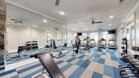 Located at 1701 Dawsonville Hwy in Gainesville, Georgia, this fitness center offers a thoughtfully designed exercise space spread across a single floor. The room is generously proportioned, providing ample space for a diverse range of workout equipment and activities.

The exercise room is appointed with a distinctive blue and gray checkered carpet that adds a clean, modern aesthetic throughout. Crown molding and recessed lighting lend a polished finish to the interior, while multiple ceiling fans ensure comfortable airflow during workouts.

Large, white-trimmed windows line the walls, flooding the space with natural light and offering pleasant views of the surrounding greenery and brick exterior. Floor-to-ceiling mirrors on one wall visually expand the room and support strength training and form-checking activities.

The facility is well-equipped for a full-body workout. Cardio machines include treadmills, ellipticals, and Matrix spin bikes, while the strength training area features weight benches, a barbell rack, dumbbells, a leg press machine, and a cable machine. A dedicated area along one wall houses medicine balls, stability balls, and balance equipment, catering to functional and flexibility training.

A secondary alcove provides additional workout space with selectorized strength equipment and natural light from its own window. The overall ambiance is bright, open, and inviting, making this fitness center a functional and comfortable destination for exercise.
