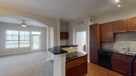 This single-story unit in Houston, TX offers a thoughtfully designed open-concept layout that connects the kitchen, dining, and living areas seamlessly. The kitchen is well-equipped with rich cherry wood cabinetry extending to the ceiling for ample storage, dark granite countertops, a tile backsplash, hardwood-style flooring, and a full suite of black appliances including a range, microwave, refrigerator, and dishwasher. A peninsula with matching granite provides additional prep space and serves as a natural divider between the kitchen and the adjacent dining area, which features a pendant light overhead.

An elegant arched entryway supported by decorative columns leads into the carpeted living room, which benefits from a ceiling fan and multiple windows alongside a glass-paneled front door that invite natural light. The dining and living areas continue the carpet flooring, creating a cohesive, comfortable atmosphere throughout.

The bathroom includes a single-sink vanity with a large mirror, tile flooring, a soaking tub with a surround enclosure, and a toilet — all finished in neutral tones. The bedroom is accessible from the bathroom area and features carpeted flooring. The overall design maintains a neutral color palette, contributing to a clean and functional living environment.