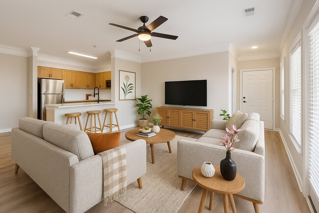 Cocina/sala de estar de planta abierta con pisos modernos estilo madera. - Preston Hills at Mill Creek Apartments