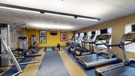 Located at 117 Washington Ave in Schenectady, New York, this well-equipped fitness center offers a comprehensive workout environment across a single, open floor. The space is finished with a distinctive multi-tone speckled rubber flooring in blue and tan, providing both durability and a clean, professional aesthetic throughout.

The cardio zone is generously appointed with multiple treadmills, elliptical trainers, and a stationary recumbent bike, each equipped with individual monitor screens for entertainment during workouts. Large windows along one wall allow natural light to fill the space, creating an energizing atmosphere. A dedicated stretching and functional training area with a mat provides room for floor exercises and warm-ups.

The strength training section features a selection of selectorized weight machines, including leg press and rowing equipment, positioned to allow comfortable use and easy transitions between exercises. A full rack of dumbbells in varying weights lines one wall, accompanied by a large mirror that enhances the sense of space and supports proper form during lifts. Additional free weight benches and a cable machine round out the strength offerings.

The facility is brightly lit with overhead fluorescent panel lighting and accented by bold yellow walls and framed artwork, contributing to an upbeat and motivating environment. The layout is thoughtfully organized to maximize usability and flow throughout the entire workout space.