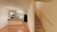 Located at 26676 Canal Rd. in Orange Beach, Alabama, this two-story property offers a functional and straightforward layout spread across two levels. The main floor showcases an open kitchen area equipped with light wood cabinetry, a built-in cooktop, a sink with surrounding counter space, and a full-size refrigerator. A kitchen island provides additional workspace and adds to the open feel of the area. The flooring on the main level features a warm-toned concrete surface, lending a durable and easy-to-maintain finish to the space. Overhead fluorescent lighting illuminates the kitchen area efficiently. A staircase with a wood handrail leads from the main floor to the upper level, offering access to the additional living areas above. The interior palette is kept neutral throughout, with light-colored walls that contribute to a clean and open atmosphere. The overall design emphasizes practicality and ease of use, making this Orange Beach property a functional space suited for a variety of uses.