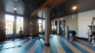 This fitness center is thoughtfully designed to accommodate a wide range of workout styles within a single-floor layout. The space is divided into distinct functional zones, each tailored to specific training needs. The main strength training area features a vaulted, dark wood-paneled ceiling supported by exposed beams, lending the room a refined yet energetic atmosphere. Bold blue and tan striped rubber flooring runs throughout this zone, adding a dynamic visual element while providing durable, impact-absorbing underfoot support. Large windows along multiple walls invite generous natural light and offer views of the surrounding outdoor landscape, enhancing the overall workout environment.

The strength area is well-stocked with a power rack, adjustable weight bench, a full dumbbell rack ranging across multiple weight increments, and cable machines. Full-length mirrors are strategically placed to support form monitoring during training. A dedicated cycling studio adjoins the main floor, featuring multiple stationary bikes, floor-to-ceiling windows, a large wall-mounted television, and a ceiling fan for added ventilation. An additional section houses selectorized resistance machines alongside mirrored walls. Ceiling fans and recessed lighting provide consistent comfort and illumination throughout the entire facility.