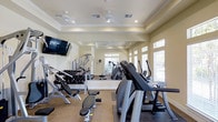 This fitness center in Krum offers a comprehensive workout environment designed to support a variety of exercise routines. The space features a refined tray ceiling with recessed lighting and ceiling fans, contributing to a clean, polished aesthetic while maintaining comfort during workouts. Large windows along one wall allow generous natural light to fill the room, creating an open and energizing atmosphere. Full-length mirrors expand the sense of space and allow users to monitor their form. The flooring consists of a textured, low-pile carpet well-suited for a fitness environment. Equipment includes a selection of cardio machines such as ellipticals and treadmills, a dumbbell rack stocked with a range of free weights, adjustable benches, and cable/strength machines to accommodate both resistance and functional training. A wall-mounted flat-screen television adds convenience for entertainment during workouts. The neutral, warm wall tones and bright lighting create an inviting environment that feels both functional and well-maintained, making this fitness center a practical and comfortable space for daily exercise.