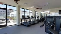 This single-floor fitness center offers a bright and spacious workout environment designed for an effective exercise experience. Floor-to-ceiling windows line the perimeter, flooding the space with abundant natural light while providing open views of the surrounding exterior landscape, creating an energizing atmosphere for workouts.

The cardio zone features a row of treadmills and elliptical machines equipped with individual digital screens, allowing users to track performance metrics during their sessions. Ceiling fans are mounted throughout, promoting comfortable air circulation across the workout floor. The neutral-toned walls and light gray flooring give the space a clean, contemporary aesthetic.

Strength training equipment is positioned along one side of the room, with a mirrored wall extending behind it to enhance the sense of depth and allow users to monitor their form. The layout is thoughtfully organized to ensure clear separation between cardio and strength areas, facilitating smooth traffic flow. The combination of modern equipment, ample natural light, and a well-planned open layout makes this fitness center a functional and inviting space for users of all fitness levels.