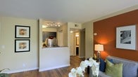 This single-floor residence offers a thoughtfully designed open layout that seamlessly connects the main living areas. The living room makes an immediate impression with its rich, warm-toned accent wall, hardwood-style flooring, and ample space for comfortable furnishings. A table lamp and decorative accessories add a welcoming ambiance to the room.

The kitchen is positioned just off the main living area and features a pass-through breakfast bar with granite-style countertops, dark cabinetry, and stainless steel appliances, including a full-size refrigerator. Track lighting overhead ensures the kitchen is well-lit and functional. The open pass-through design keeps the space feeling connected and airy.

A hallway extends from the main living area, leading to additional rooms including what appears to be a bathroom, with warm vanity lighting visible from the corridor. Louvered closet doors along the hallway provide practical storage solutions while maintaining the clean, consistent aesthetic of the home.

Throughout the residence, neutral wall tones complement the warm flooring and accent details, creating a cohesive and inviting atmosphere. The overall design balances modern convenience with comfortable, livable style, making this a functional and attractive single-level home.