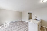 Located at 3203 Orange St in Greensboro, NC, this single-floor, one-bedroom, one-bathroom unit offers a practical and well-organized layout with clean, neutral finishes throughout. The living area features light-toned luxury vinyl plank flooring that reflects natural light from a large front-facing window, creating a bright and welcoming atmosphere. Baseboard heating runs along the walls, and a textured ceiling adds a classic residential character to the space. The kitchen is defined by a peninsula counter with a marble-style surface and an integrated sink with a modern gold-toned faucet, providing both functionality and a visual focal point that separates the kitchen from the living area. The bedroom is generously proportioned, finished with soft carpeting underfoot and a window that allows for natural light and ventilation, complemented by a wall-mounted AC unit. A dedicated closet off the bedroom features dual wire shelving racks, offering organized storage space with light LVP flooring. The full bathroom includes a tub-shower combination, toilet, and wood-look tile flooring, finished in a clean, all-white palette. The overall design is cohesive, with warm beige tones, white trim, and consistent finishes that give the unit a tidy, move-in-ready appeal.
