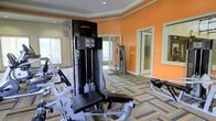This fitness center offers a well-appointed workout environment designed to support a comprehensive exercise routine. The space is immediately eye-catching, with bold orange walls that energize the atmosphere, complemented by elegant crown molding that adds a refined architectural touch to the room's upper perimeter.

The facility is outfitted with professional-grade Life Fitness strength-training machines, providing users with high-quality equipment for targeted muscle training. The machines are thoughtfully arranged to allow comfortable movement throughout the space. Large floor-to-ceiling mirrors line portions of the walls, visually expanding the room while allowing users to monitor their form during workouts.

Natural light streams in through multiple windows, creating a bright and inviting ambiance that enhances the overall workout experience. The patterned carpet flooring adds a distinctive design element while providing a degree of cushioning underfoot. Recessed lighting in the tray ceiling supplements the natural light, ensuring the space remains well-lit at all times.

The layout is open and functional, offering ample room to move between equipment. The single-floor design ensures easy accessibility, and the clean, organized arrangement of machines reflects a space that is both practical and thoughtfully maintained. Overall, this fitness center combines purposeful design with quality equipment to deliver an effective and comfortable exercise environment.