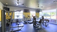 This fitness center is designed to support a comprehensive workout experience within a single-level layout. The space is outfitted with a variety of cardio equipment, including multiple treadmills and elliptical machines, alongside strength training stations and a cable machine, providing options for both aerobic and resistance-based exercise. The flooring consists of dark rubber matting, a practical and durable surface well-suited to a high-traffic fitness environment. Bold yellow accent walls add a dynamic, energizing visual element to the space, contrasting with the white trim and neutral ceiling. Two ceiling fans are mounted overhead, promoting airflow and comfort during workouts. Recessed lighting supplements the ample natural light that filters in through several large windows lining the walls, offering views of the outdoors and contributing to an open, airy atmosphere. Multiple wall-mounted flat-screen televisions are positioned throughout the room, allowing users to stay entertained during their sessions. The layout is organized to allow adequate spacing between equipment, supporting safe and efficient movement throughout the facility.