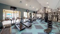 This fitness center is a thoughtfully designed workout facility that combines motivational aesthetics with a comprehensive selection of equipment. The space is anchored by a dramatic vaulted ceiling that amplifies the sense of openness, while teal-toned walls and a two-toned geometric tile floor in aqua and gray create a modern, energizing atmosphere.

One of the most striking design elements is the large-scale black-and-white photographic mural spanning a full wall, overlaid with bold motivational words such as "Goals," "Strong," "Initiative," "Health," and "Motivate." A floor-to-ceiling mirror wall on the opposite side visually doubles the space and enhances the sense of depth.

The cardio zone is well-appointed with multiple treadmills, elliptical trainers, and stationary bikes, each equipped with individual monitors for entertainment. Wall-mounted flat-screen TVs provide additional viewing options throughout. Large sliding glass windows and doors line one side of the room, flooding the space with natural light and offering views of the landscaped exterior grounds, including stone columns and lush greenery.

The strength training area includes a multi-station cable machine, a full dumbbell rack with weights neatly organized on tiered stands, and a variety of benches for targeted exercises. Pendant and recessed lighting complete the space, ensuring a bright, welcoming environment for all fitness levels.