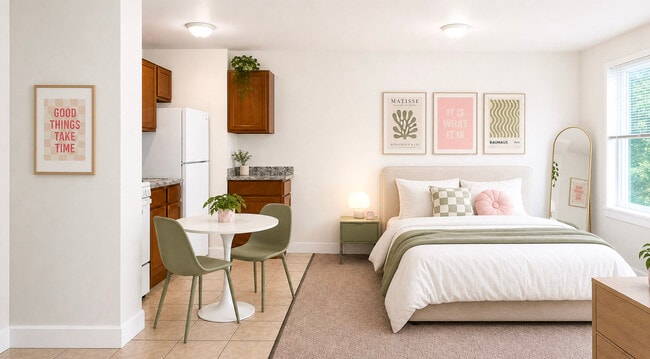 Carpeted Adrian Studio - Staged - Oakland Apartments