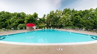 Located in Lyndon, Kentucky, this outdoor community pool area at Bridgeview Lane offers a well-appointed recreational space designed for relaxation and leisure. The centerpiece is a generously sized swimming pool with crystal-clear turquoise water, accessible via stainless steel entry rails and marked with clearly designated depth indicators. The pool's curved design maximizes the sense of open water and allows for comfortable use across various depths.

Surrounding the pool is a spacious concrete sundeck that provides ample room for lounging and socializing. An assortment of lounge chairs and patio seating is distributed throughout the deck, including reclining chaise lounges and upright chairs suitable for relaxing poolside. A picnic table with a signature red umbrella adds a shaded gathering spot, enhancing the outdoor experience.

The entire pool area is enclosed by a sturdy black iron fence, ensuring both safety and a defined perimeter. A utility shed near the pool houses safety equipment, including life rings, and displays community pool rules and guidelines. The backdrop of mature, lush green trees creates a natural privacy screen, lending a tranquil, park-like atmosphere to the space. Views of the surrounding residential buildings are visible beyond the fence, reinforcing the community-oriented nature of this outdoor amenity.