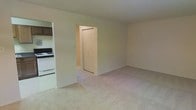 This single-floor space features an open and functional layout with a neutral color palette throughout. The living area is finished with wall-to-wall carpet in a light beige tone, creating a clean and understated foundation that adapts well to various furnishing styles. The walls are painted in a soft, warm off-white, contributing to a bright and airy feel across the space.

Adjacent to the main living area, a kitchen is partially visible and includes a gas range and overhead cabinetry finished in a dark wood tone, offering a practical cooking space. The transition between the kitchen and living area is seamless, supporting an open-concept flow.

A doorway leads to a connecting hallway or additional room, where a set of bifold closet doors provides built-in storage. The closet appears generously sized, adding practical utility to the layout.

The space is straightforward and move-in ready, with consistent finishes throughout. The single-floor design ensures easy accessibility, and the overall layout is well-suited for efficient everyday living.