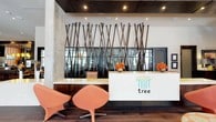 The Tree community lobby is a thoughtfully designed, single-story space that blends contemporary architecture with curated interior details to create a welcoming and visually dynamic environment. The reception area serves as the focal point upon entry, featuring a sleek white desk adorned with the Tree logo and flanked by a dramatic installation of angled metal rods that form a striking sculptural screen. Organic-shaped seating in warm coral tones anchors the reception zone.

The main lounge extends generously, furnished with sculptural, free-form sofas and asymmetric coffee tables beneath golden pendant lighting. Floor-to-ceiling black-framed windows frame lush tree canopy views, flooding the interior with abundant natural light. Rich hardwood flooring runs throughout, complemented by polished concrete in select areas, creating a refined material contrast.

A café-style lounge area features intimate dining tables, pendant-lit kitchen bar, and warm wood ceiling accents. Private nooks with built-in banquette seating and woven pendant lights offer quiet retreats. A circular conference room impresses with a teal coffered ceiling, sculptural globe pendants, and upholstered swivel chairs. A curved alcove with built-in shelving displaying artisan sculptures adds a gallery-like moment. Throughout, curated artwork, mosaic tile accent walls, and exposed concrete columns reinforce the space's contemporary, artful character.